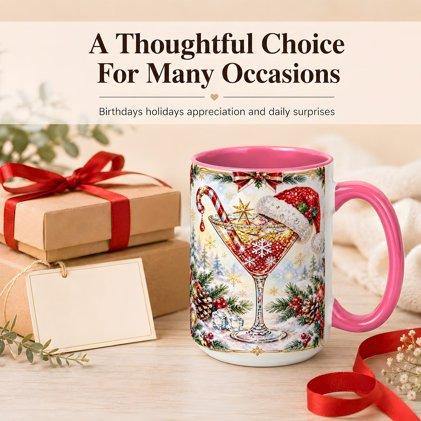 #pl[15oz|Pink] Christmas Cocktail Coffee Mug, Holiday Martini Mug, Ceramic Cup