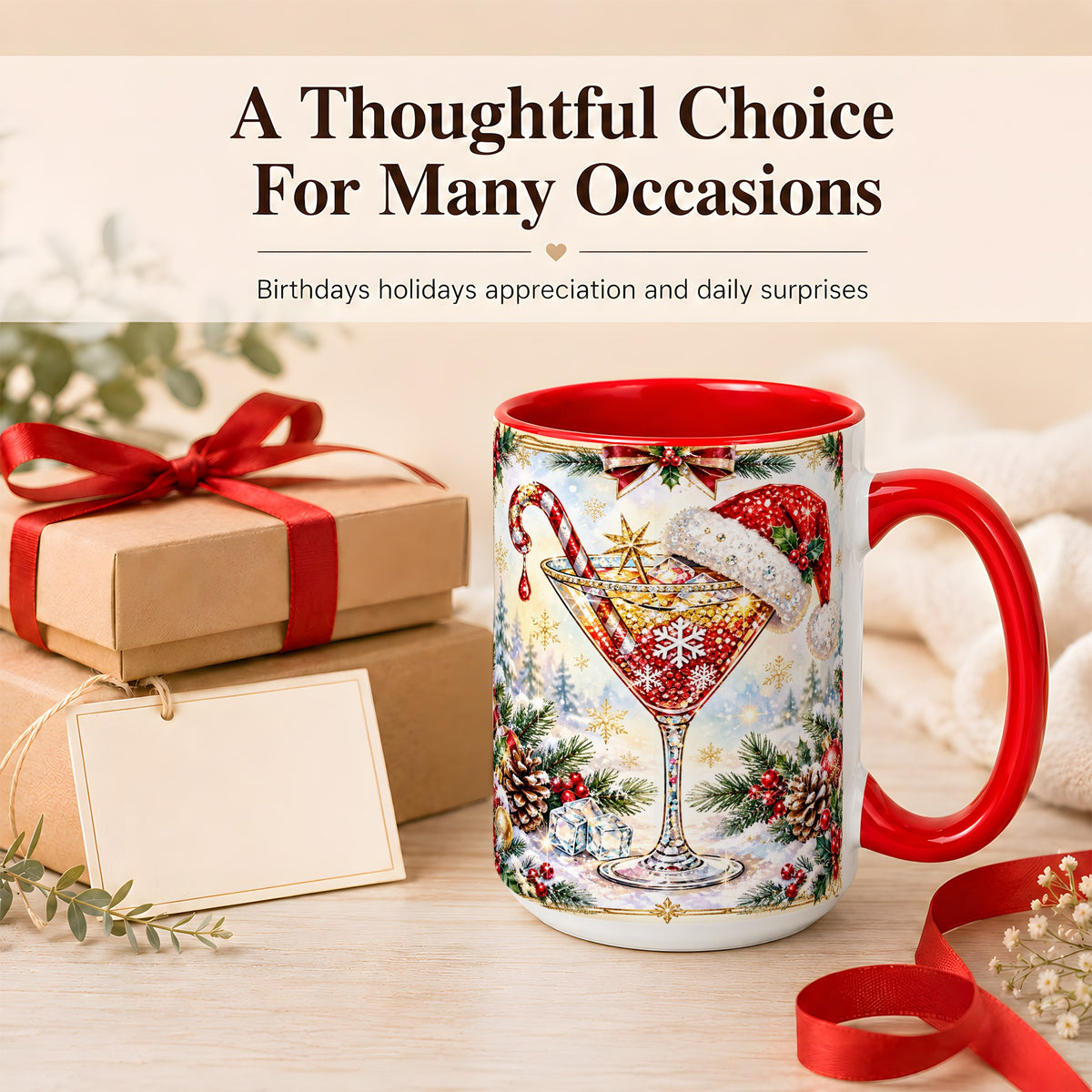 #pl[15oz|Red] Christmas Cocktail Coffee Mug, Holiday Martini Mug, Ceramic Cup