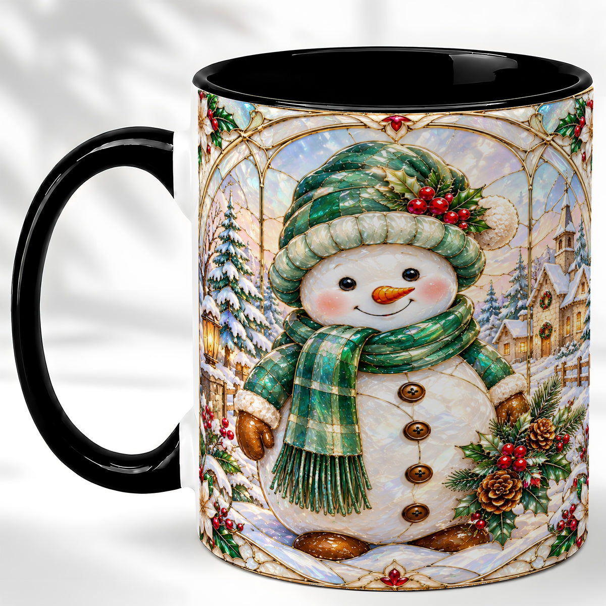 #pl[11oz|Black] Stained Glass Style Snowman Coffee Mug, Christmas Mug, Ceramic Cup