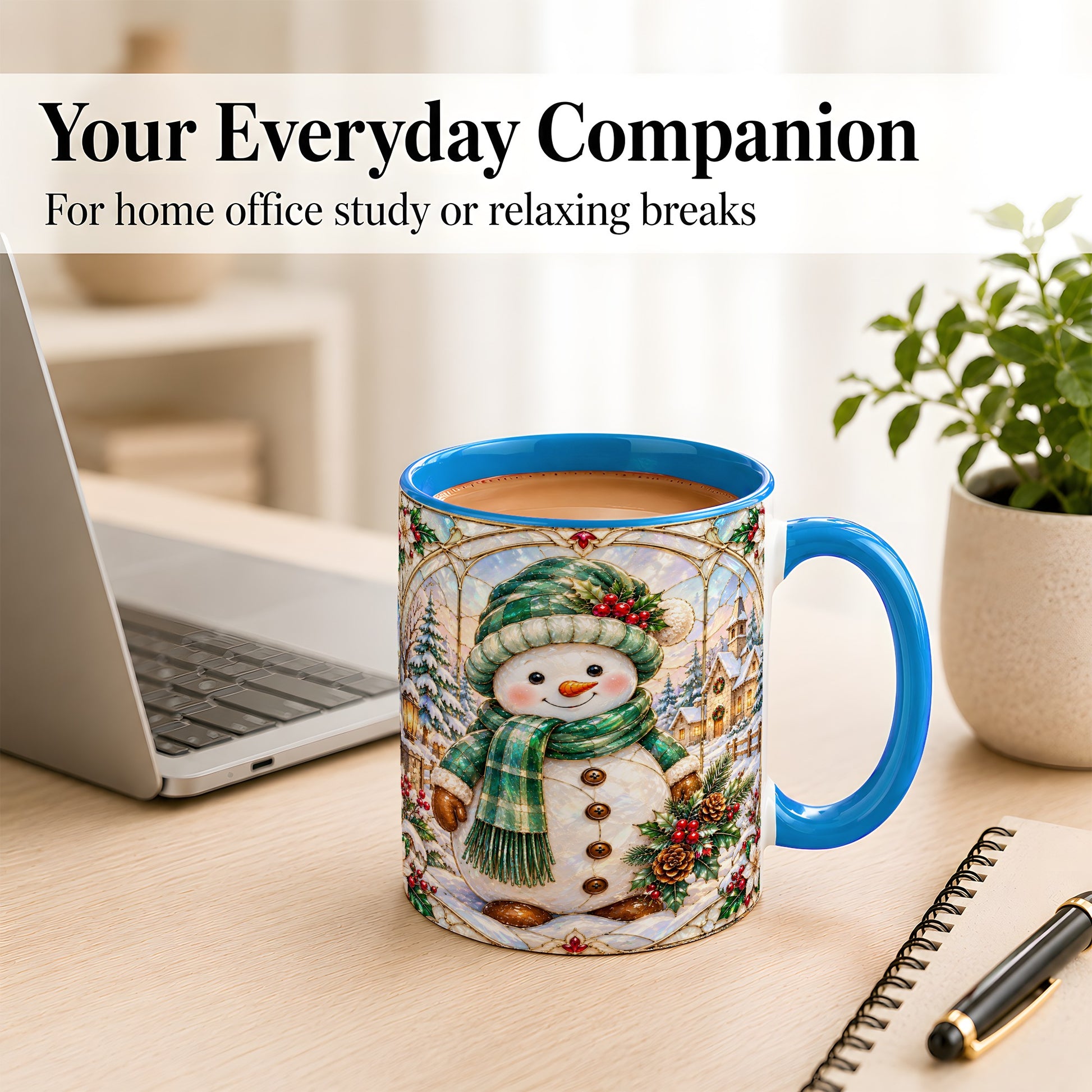 #pl[11oz|Blue] Stained Glass Style Snowman Coffee Mug, Christmas Mug, Ceramic Cup