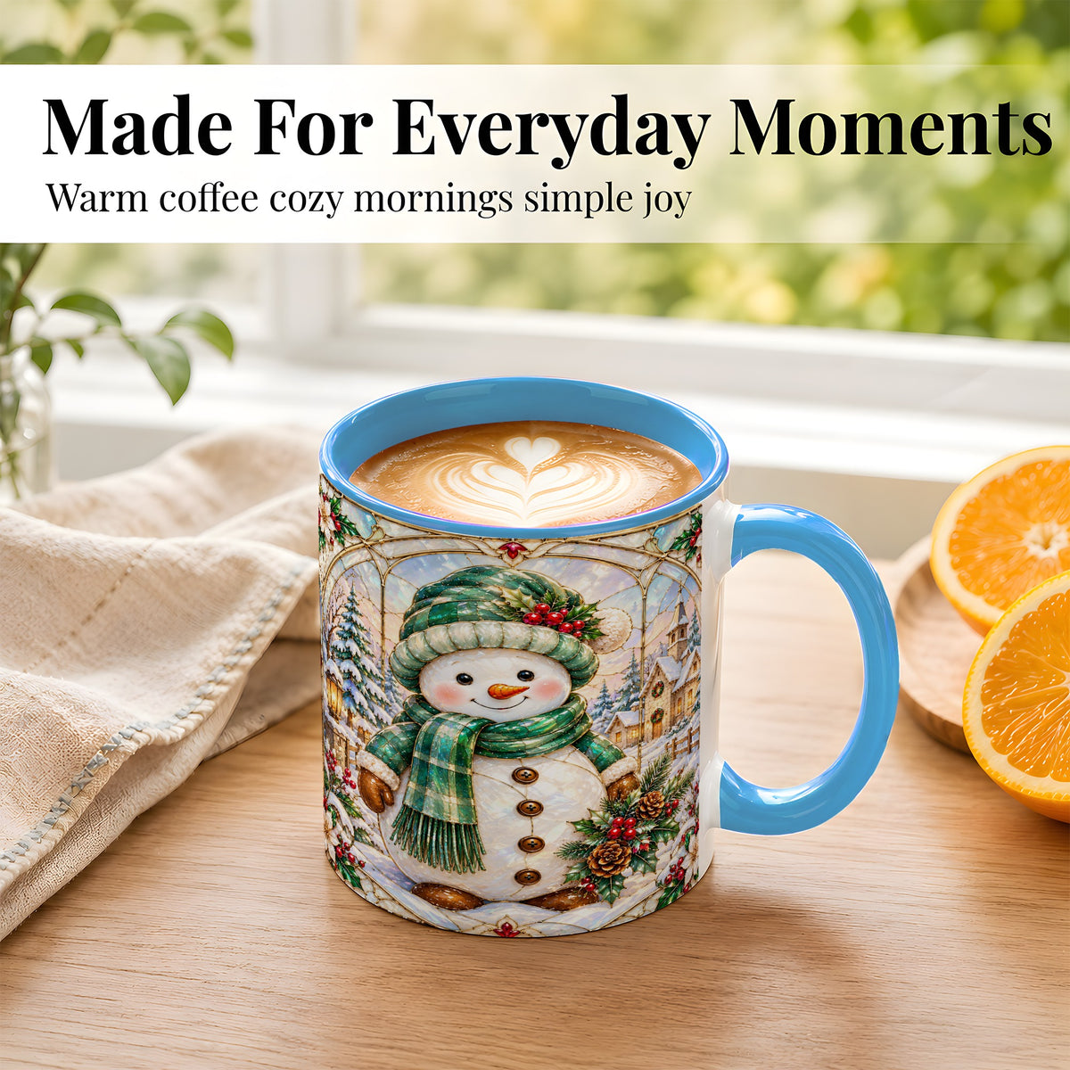 #pl[11oz|Blue] Stained Glass Style Snowman Coffee Mug, Christmas Mug, Ceramic Cup