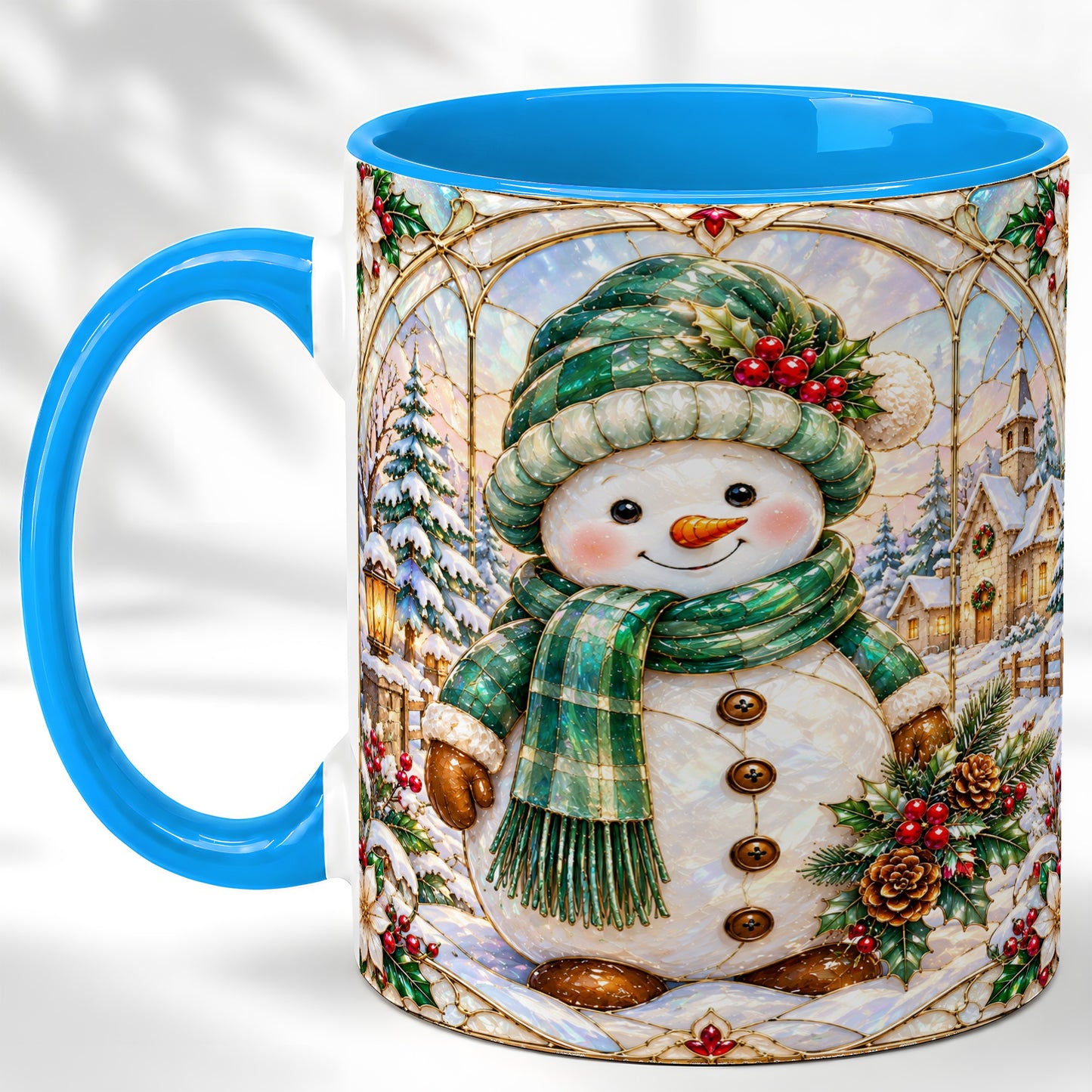 #pl[11oz|Blue] Stained Glass Style Snowman Coffee Mug, Christmas Mug, Ceramic Cup