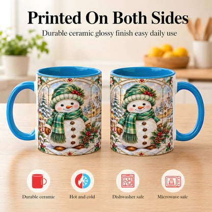 #pl[11oz|Blue] Stained Glass Style Snowman Coffee Mug, Christmas Mug, Ceramic Cup