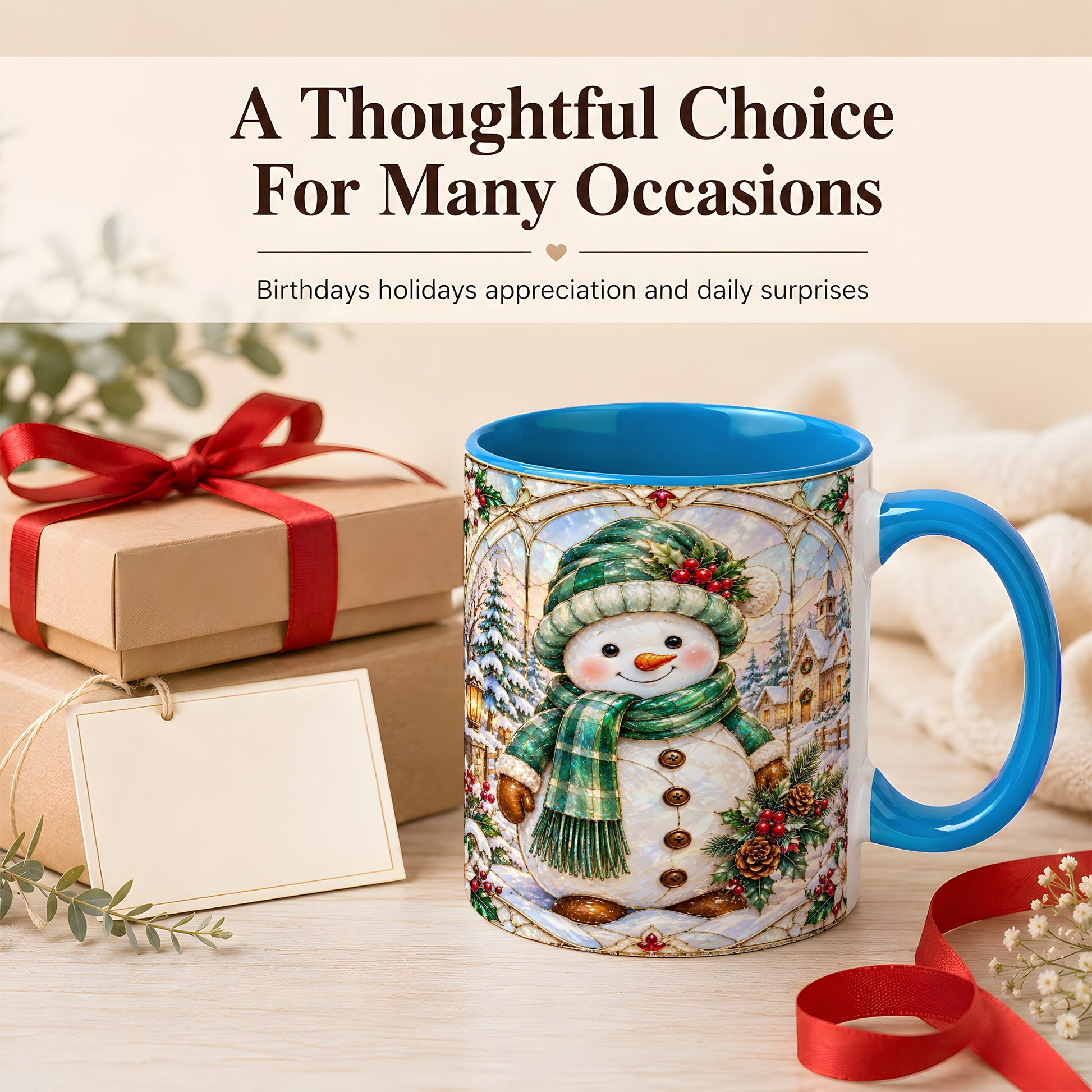 #pl[11oz|Blue] Stained Glass Style Snowman Coffee Mug, Christmas Mug, Ceramic Cup