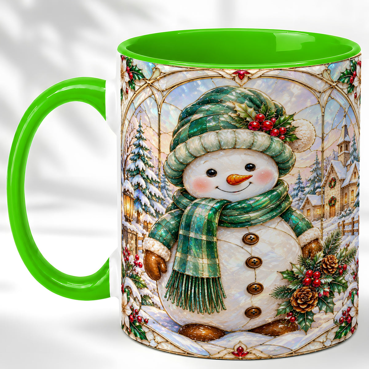 #pl[11oz|Green] Stained Glass Style Snowman Coffee Mug, Christmas Mug, Ceramic Cup
