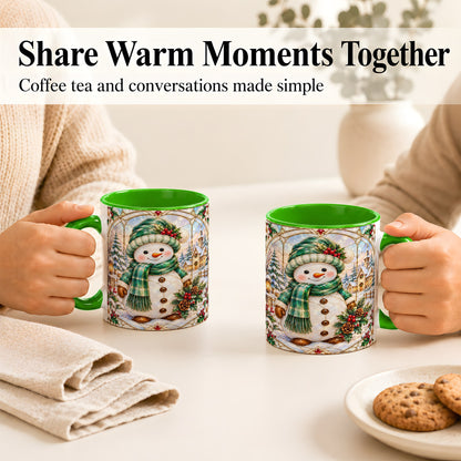 #pl[11oz|Green] Stained Glass Style Snowman Coffee Mug, Christmas Mug, Ceramic Cup