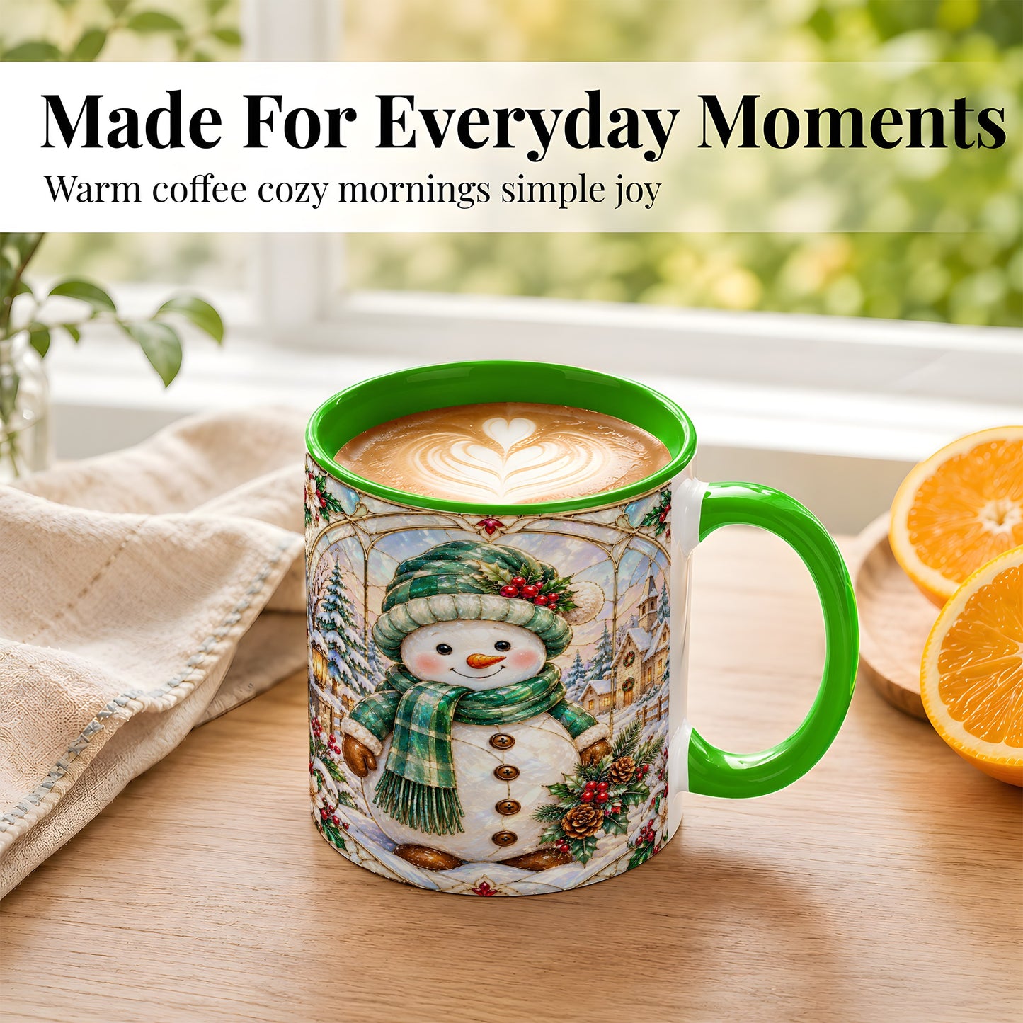 #pl[11oz|Green] Stained Glass Style Snowman Coffee Mug, Christmas Mug, Ceramic Cup