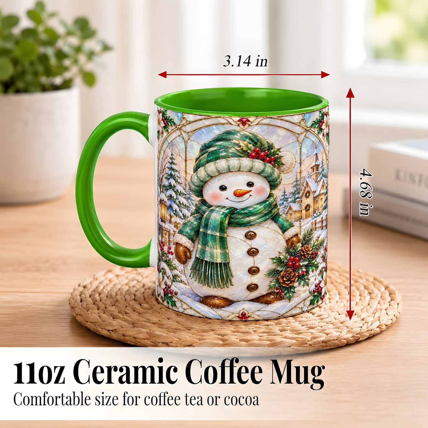 #pl[11oz|Green] Stained Glass Style Snowman Coffee Mug, Christmas Mug, Ceramic Cup