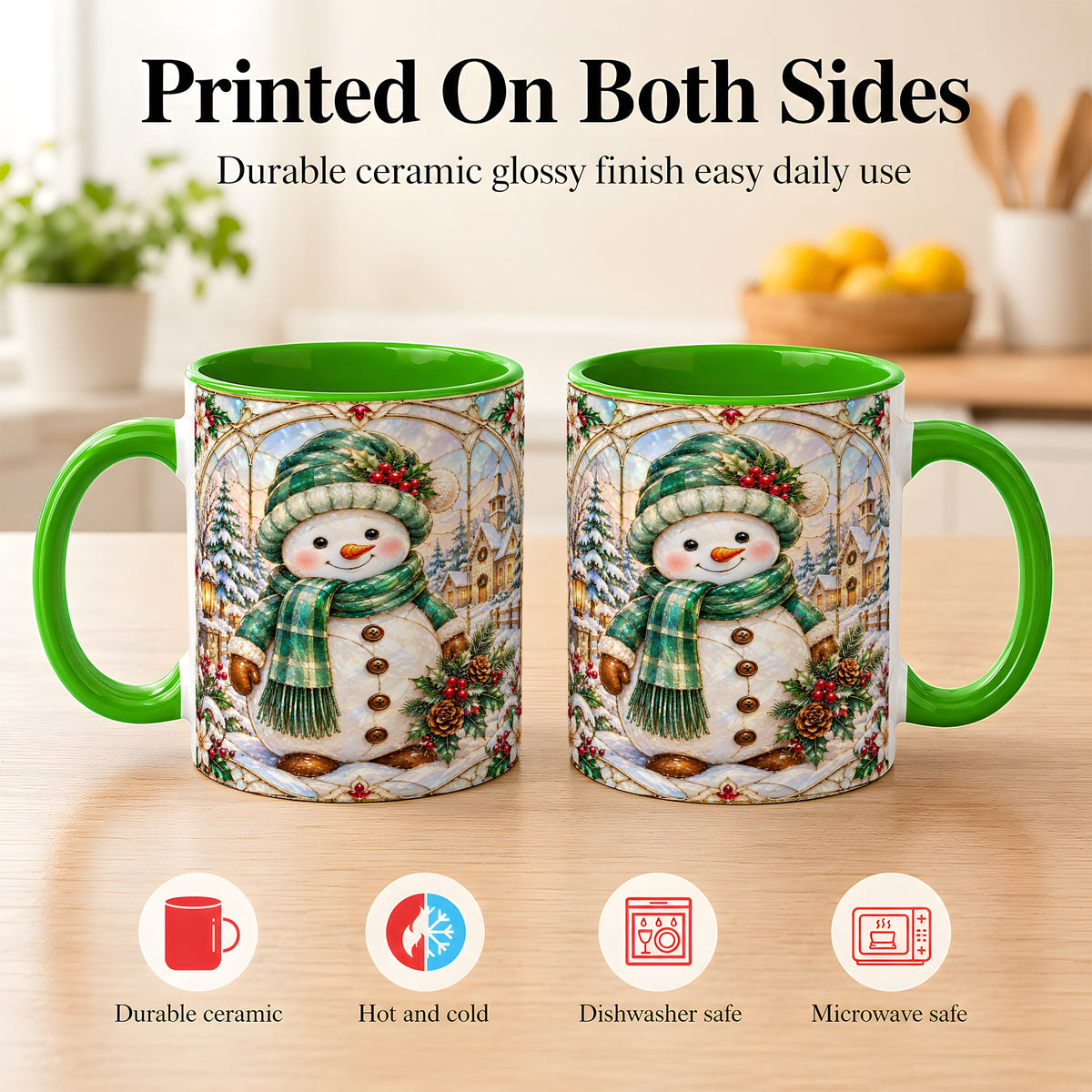 #pl[11oz|Green] Stained Glass Style Snowman Coffee Mug, Christmas Mug, Ceramic Cup