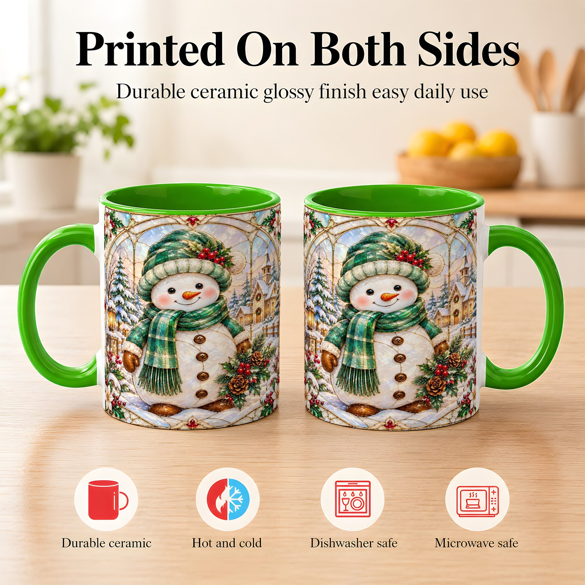 #pl[11oz|Green] Stained Glass Style Snowman Coffee Mug, Christmas Mug, Ceramic Cup