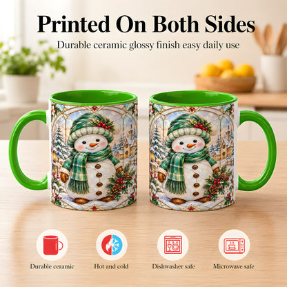 #pl[11oz|Green] Stained Glass Style Snowman Coffee Mug, Christmas Mug, Ceramic Cup