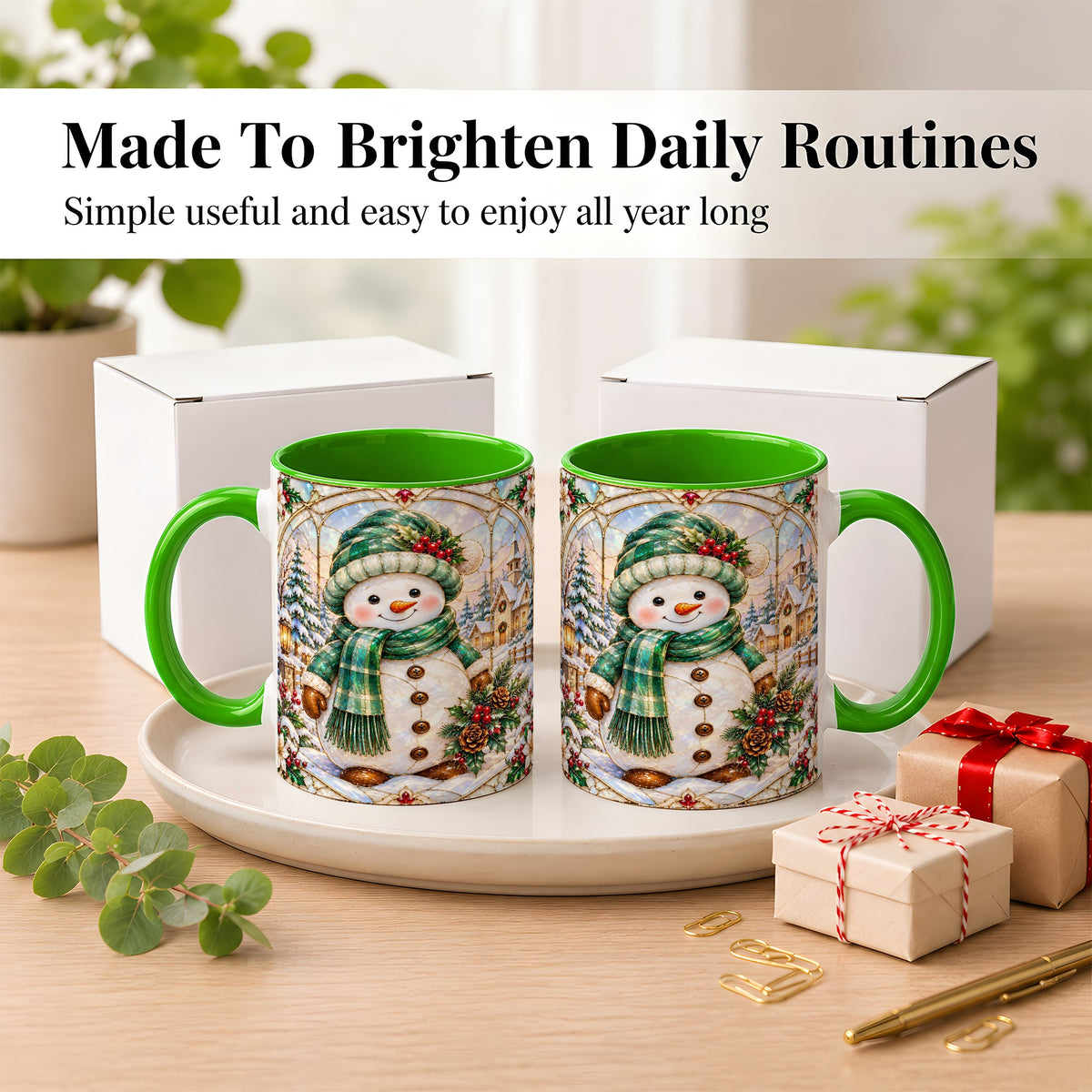#pl[11oz|Green] Stained Glass Style Snowman Coffee Mug, Christmas Mug, Ceramic Cup