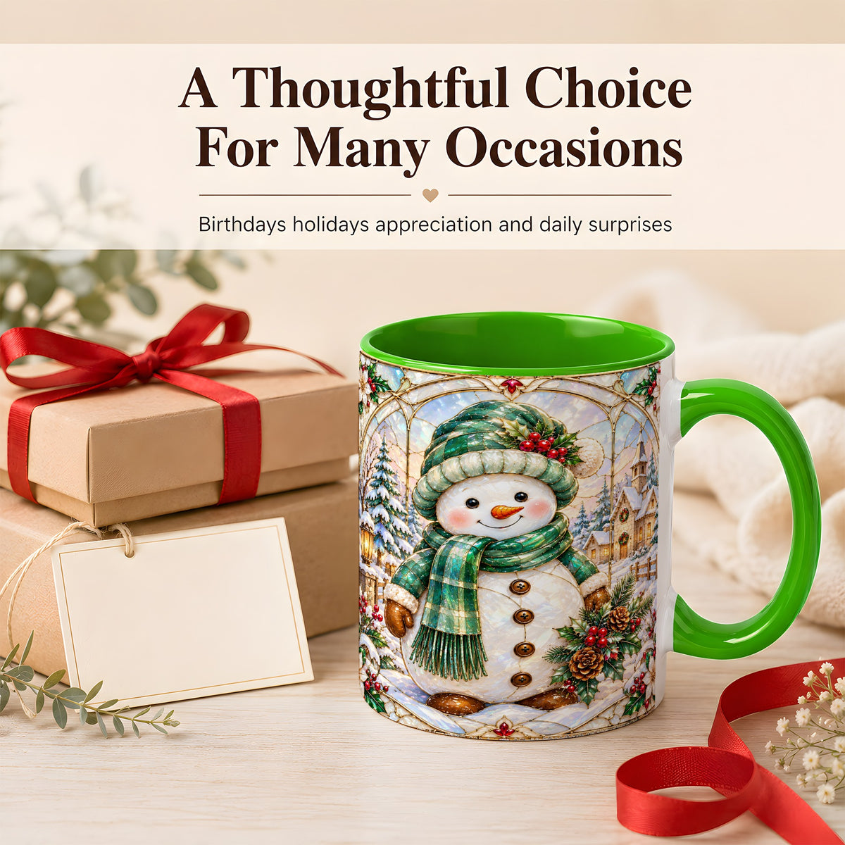 #pl[11oz|Green] Stained Glass Style Snowman Coffee Mug, Christmas Mug, Ceramic Cup