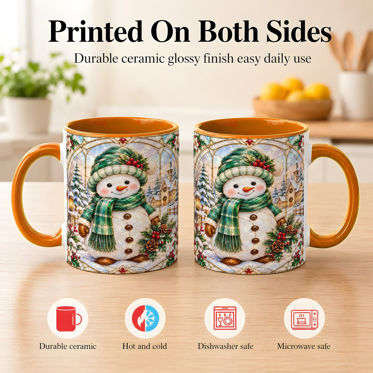 #pl[11oz|Orange] Stained Glass Style Snowman Coffee Mug, Christmas Mug, Ceramic Cup