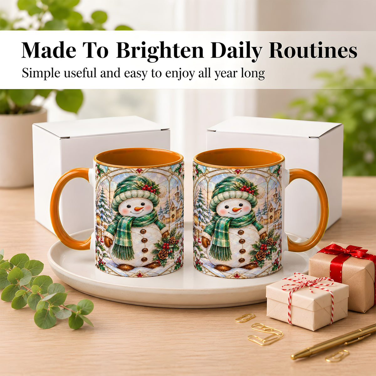 #pl[11oz|Orange] Stained Glass Style Snowman Coffee Mug, Christmas Mug, Ceramic Cup