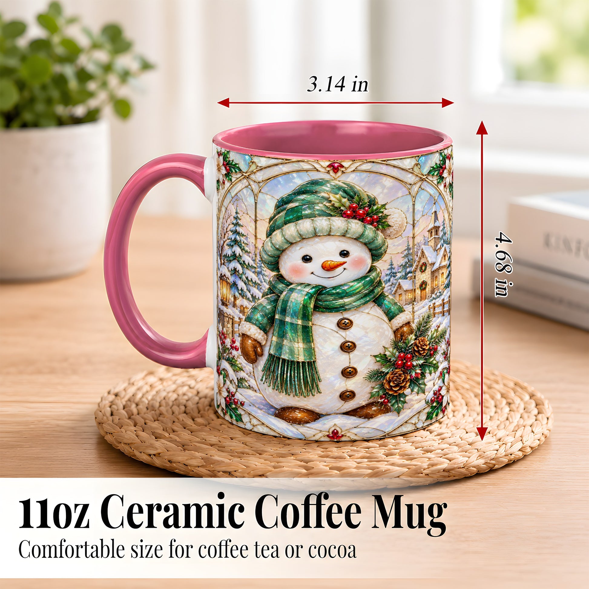 #pl[11oz|Pink] Stained Glass Style Snowman Coffee Mug, Christmas Mug, Ceramic Cup