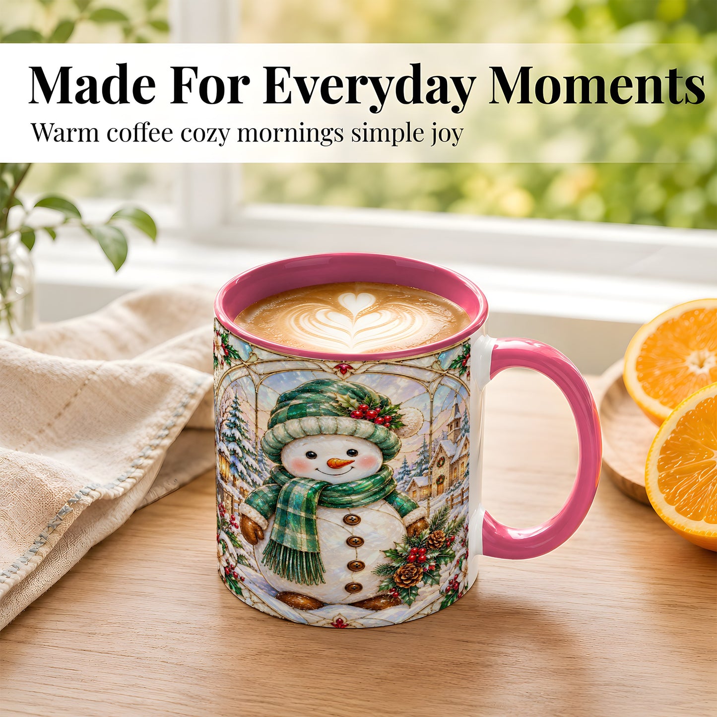 #pl[11oz|Pink] Stained Glass Style Snowman Coffee Mug, Christmas Mug, Ceramic Cup