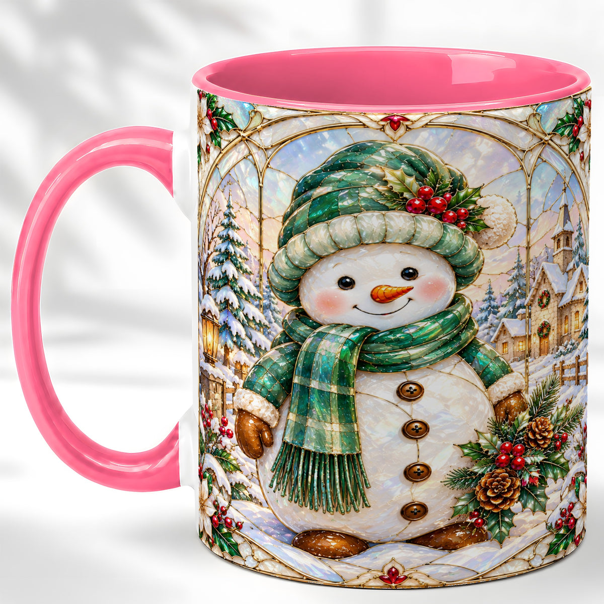 #pl[11oz|Pink] Stained Glass Style Snowman Coffee Mug, Christmas Mug, Ceramic Cup