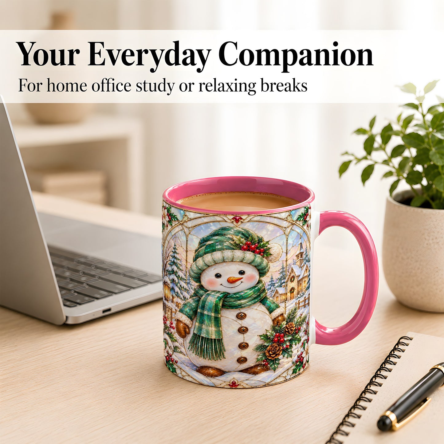 #pl[11oz|Pink] Stained Glass Style Snowman Coffee Mug, Christmas Mug, Ceramic Cup