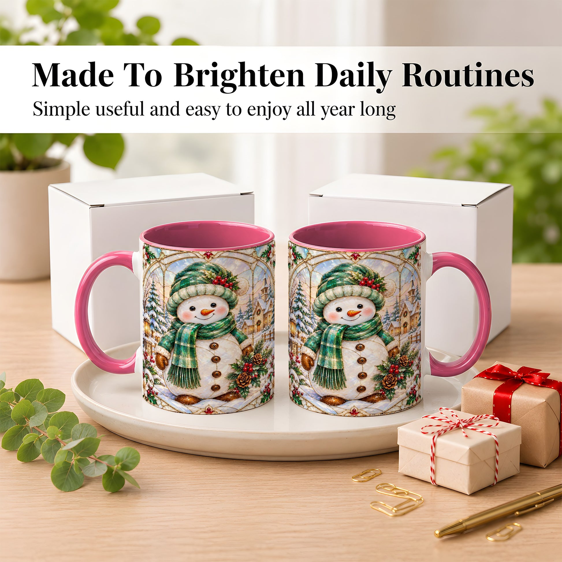 #pl[11oz|Pink] Stained Glass Style Snowman Coffee Mug, Christmas Mug, Ceramic Cup