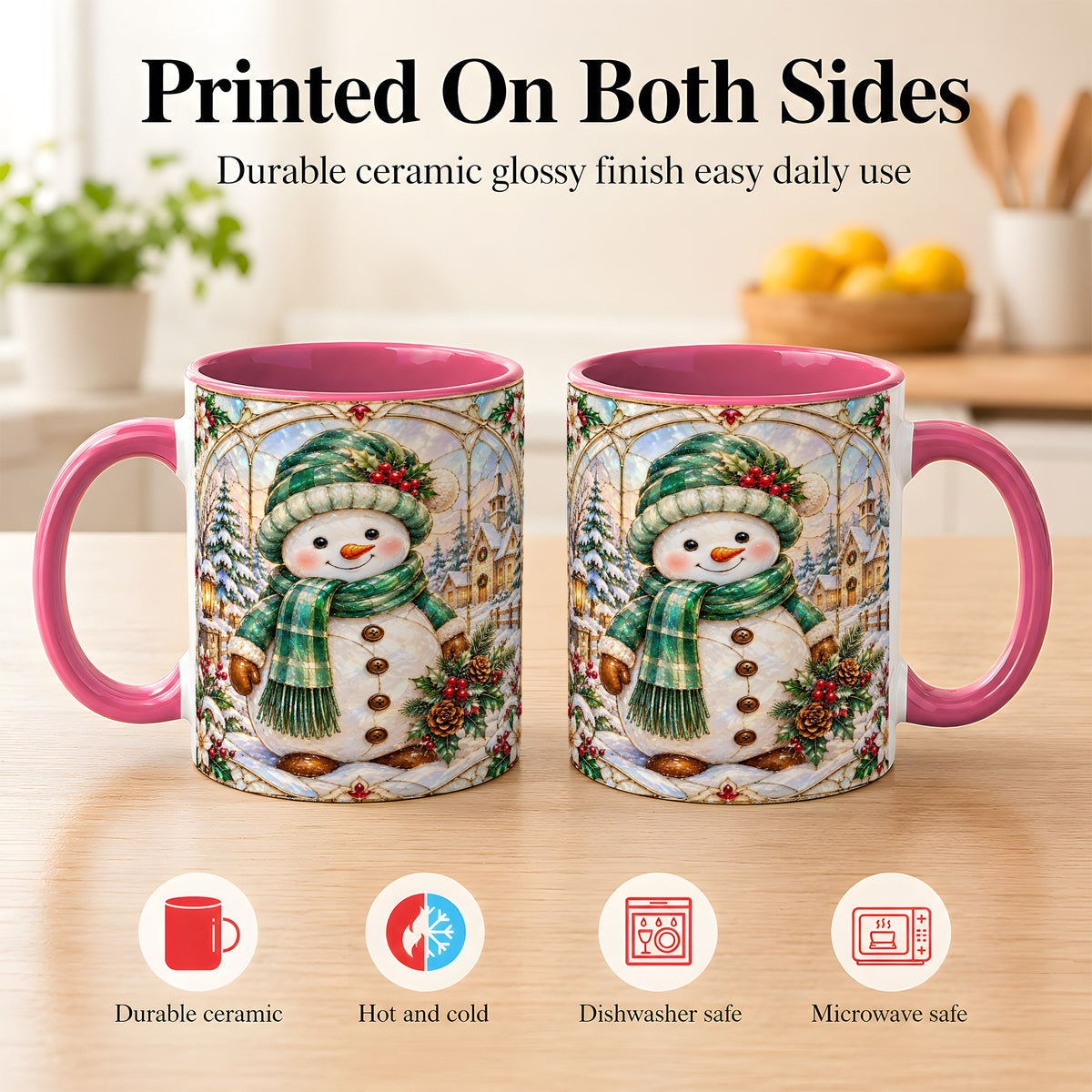 #pl[11oz|Pink] Stained Glass Style Snowman Coffee Mug, Christmas Mug, Ceramic Cup