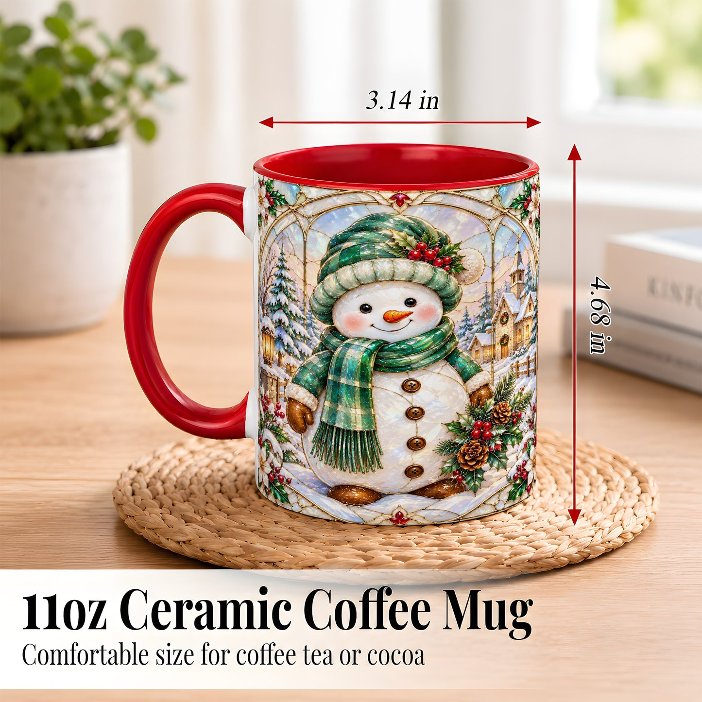 #pl[11oz|Red] Stained Glass Style Snowman Coffee Mug, Christmas Mug, Ceramic Cup