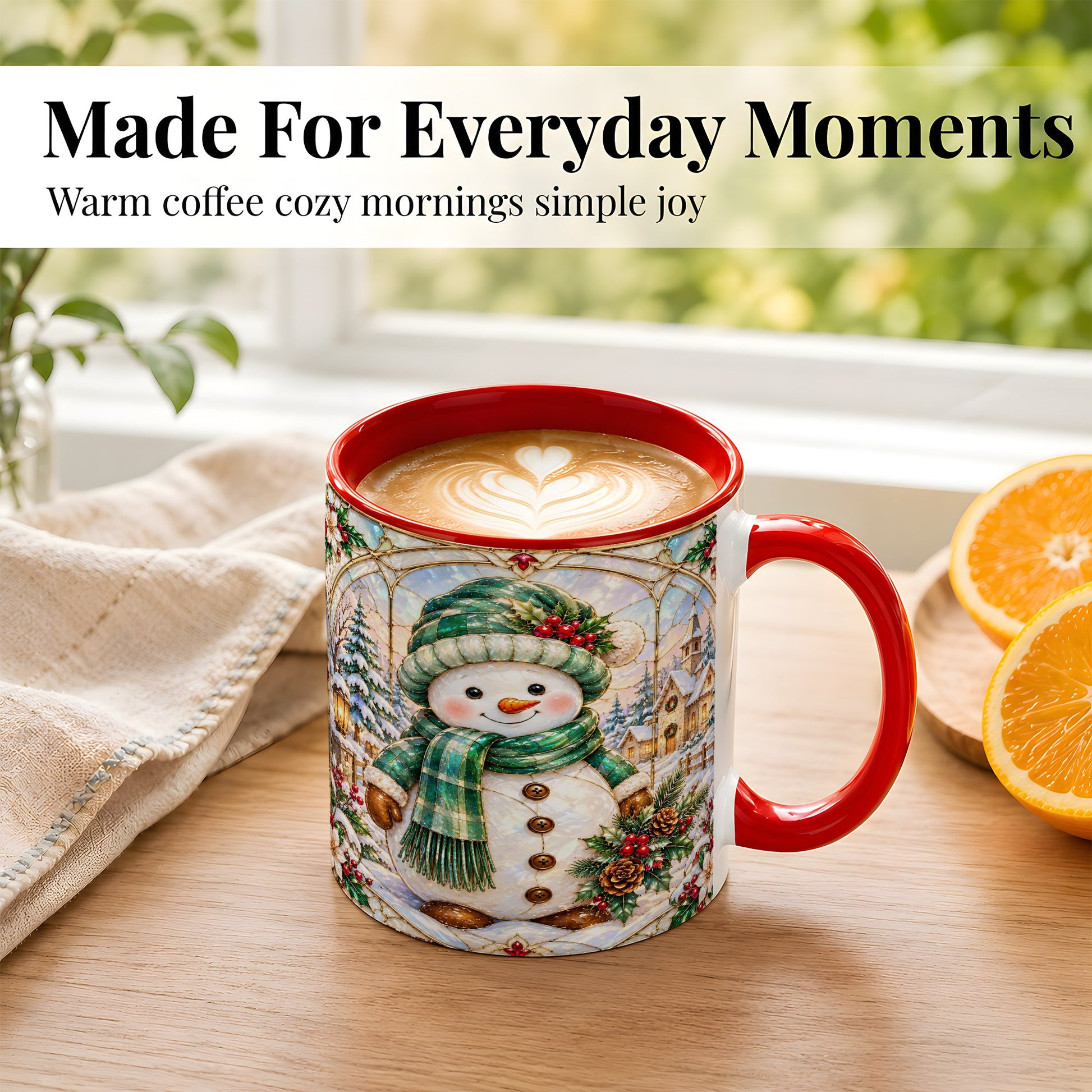 #pl[11oz|Red] Stained Glass Style Snowman Coffee Mug, Christmas Mug, Ceramic Cup