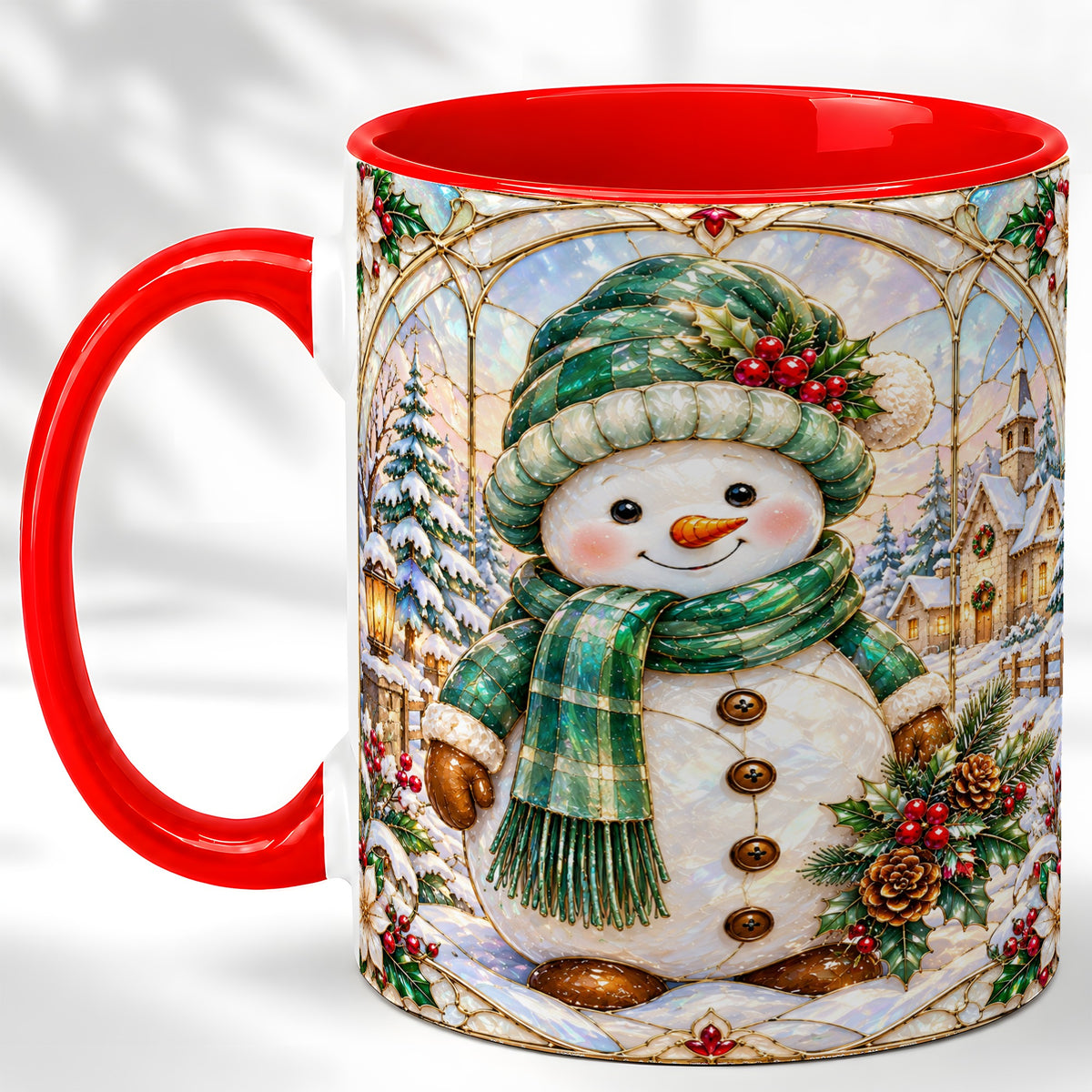 Stained Glass Style Snowman Coffee Mug, Christmas Mug, Ceramic Cup