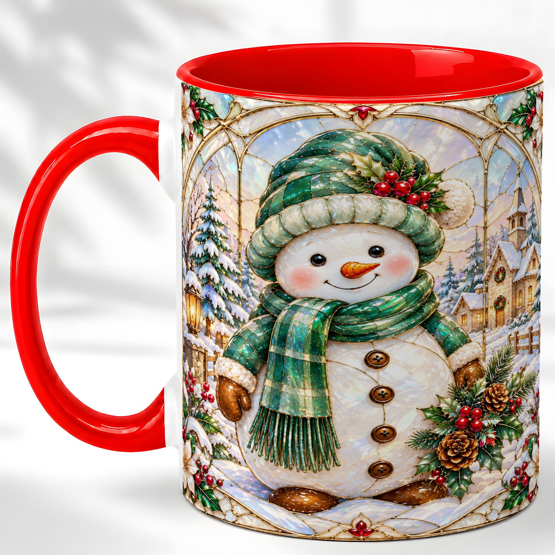 Stained Glass Style Snowman Coffee Mug, Christmas Mug, Ceramic Cup