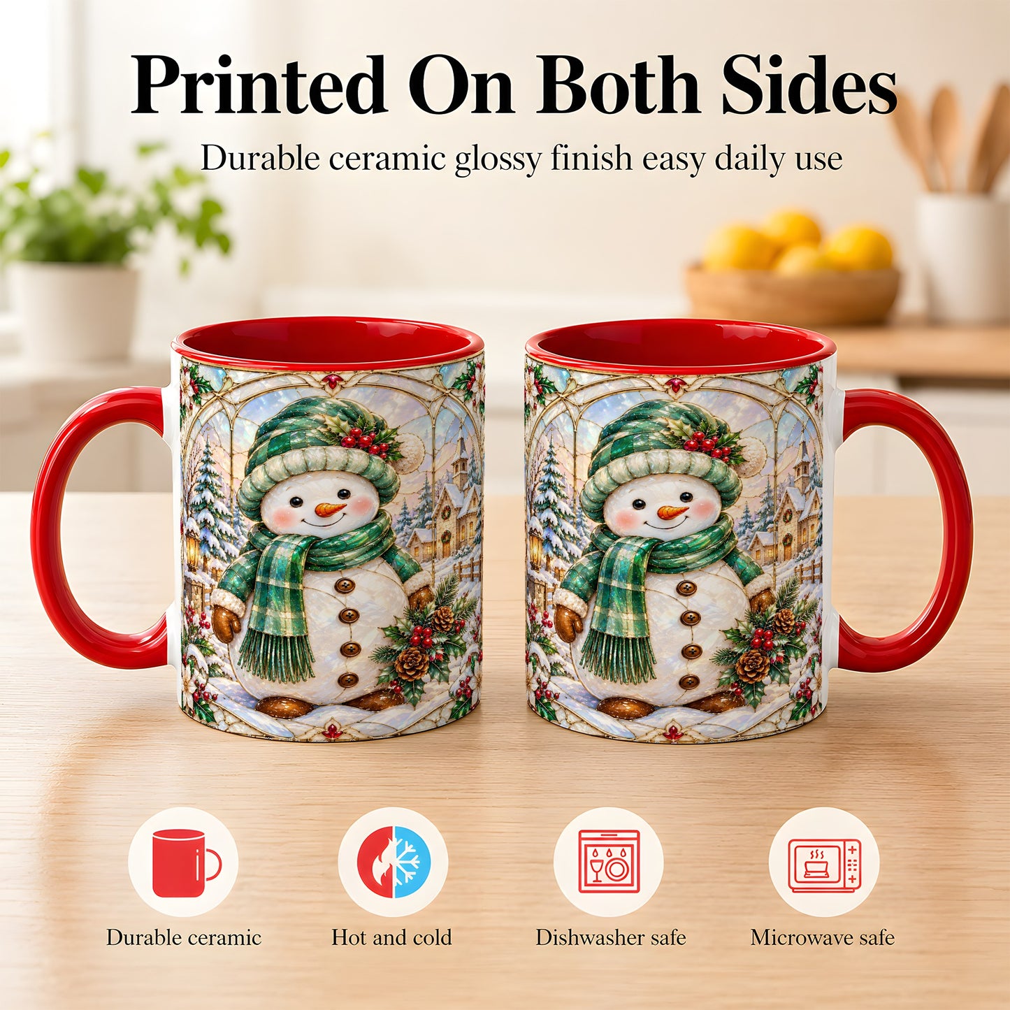 #pl[11oz|Red] Stained Glass Style Snowman Coffee Mug, Christmas Mug, Ceramic Cup