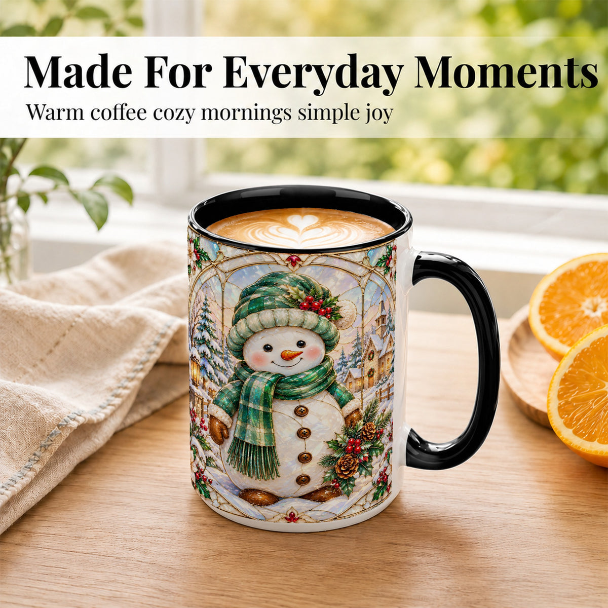 #pl[15oz|Black] Stained Glass Style Snowman Coffee Mug, Christmas Mug, Ceramic Cup