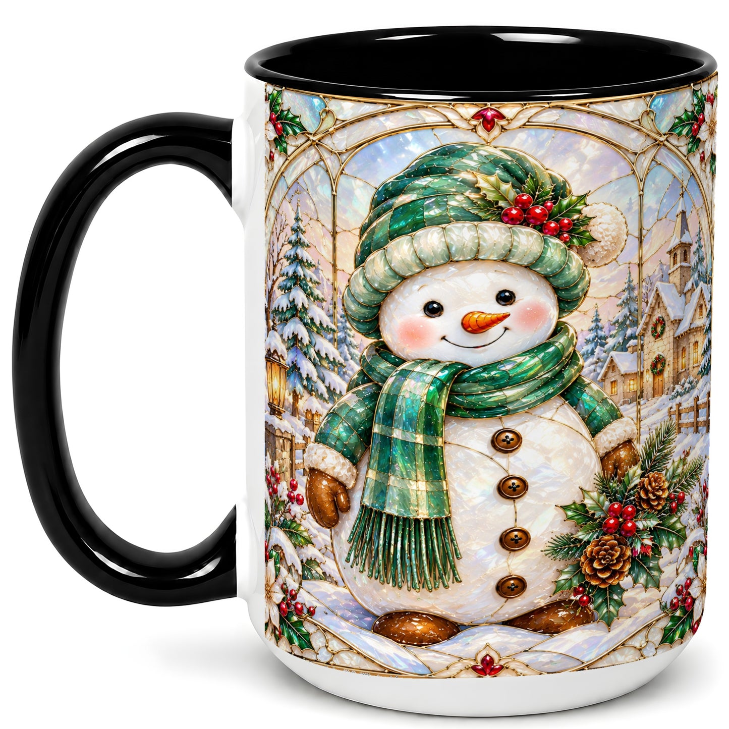 #pl[15oz|Black] Stained Glass Style Snowman Coffee Mug, Christmas Mug, Ceramic Cup