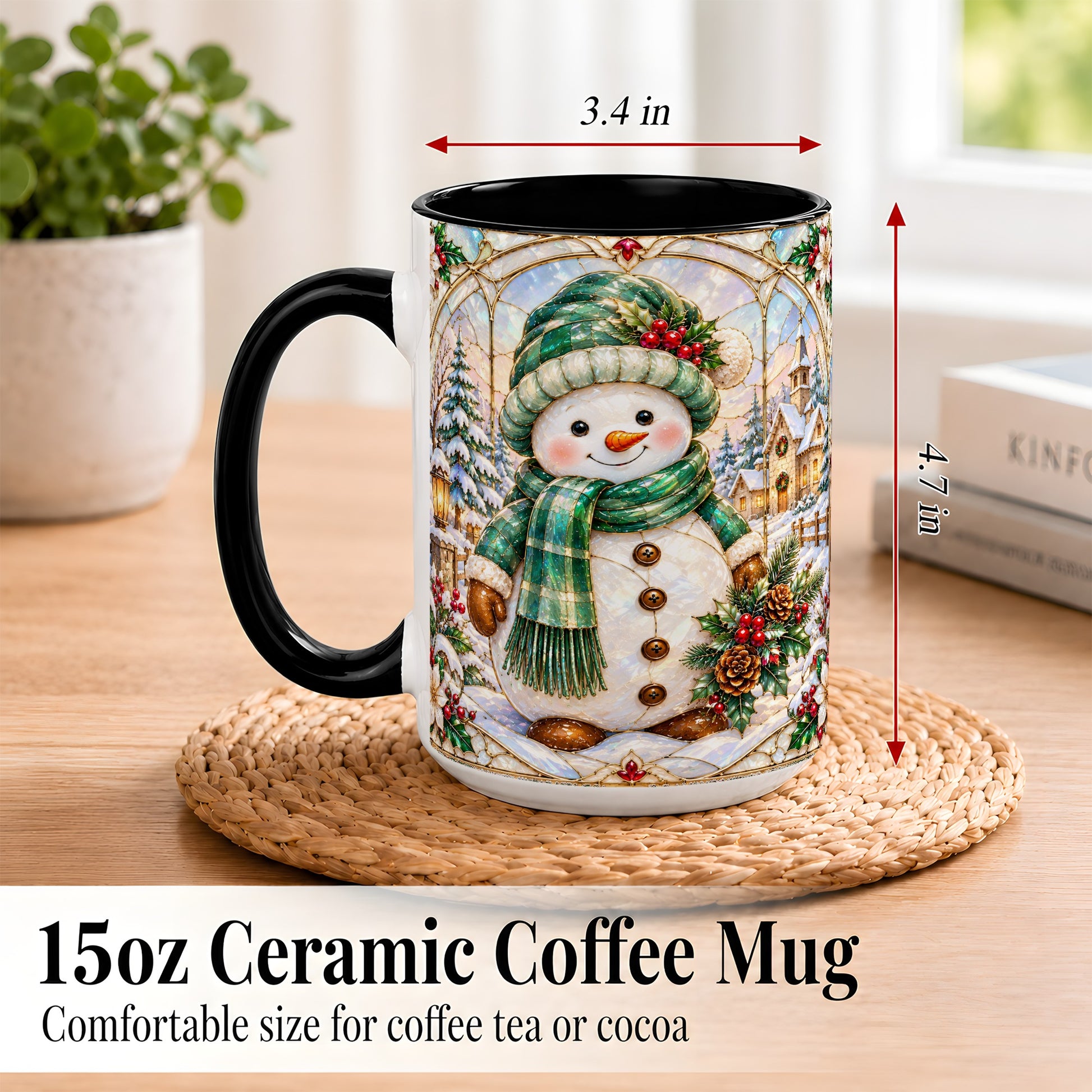 #pl[15oz|Black] Stained Glass Style Snowman Coffee Mug, Christmas Mug, Ceramic Cup