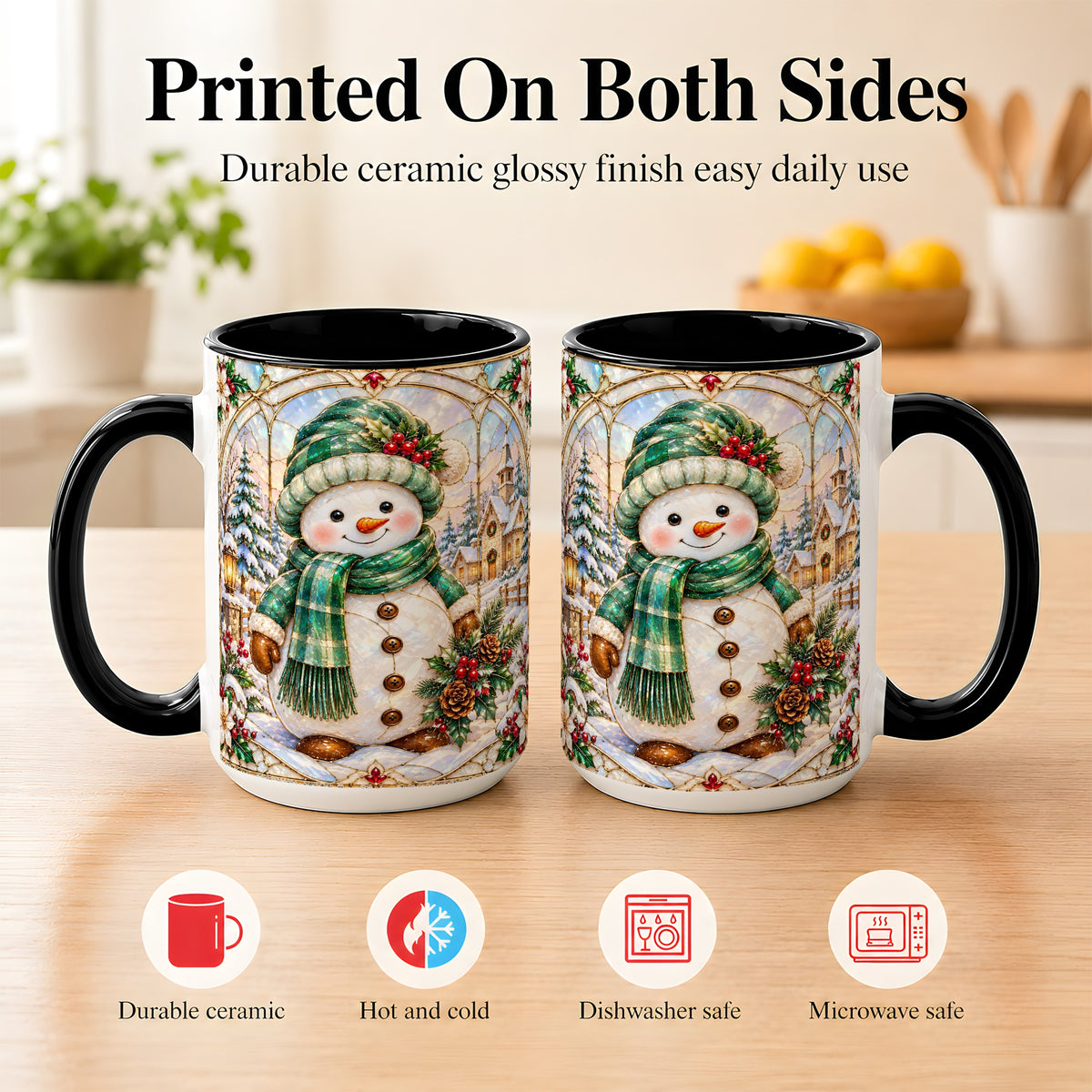 #pl[15oz|Black] Stained Glass Style Snowman Coffee Mug, Christmas Mug, Ceramic Cup