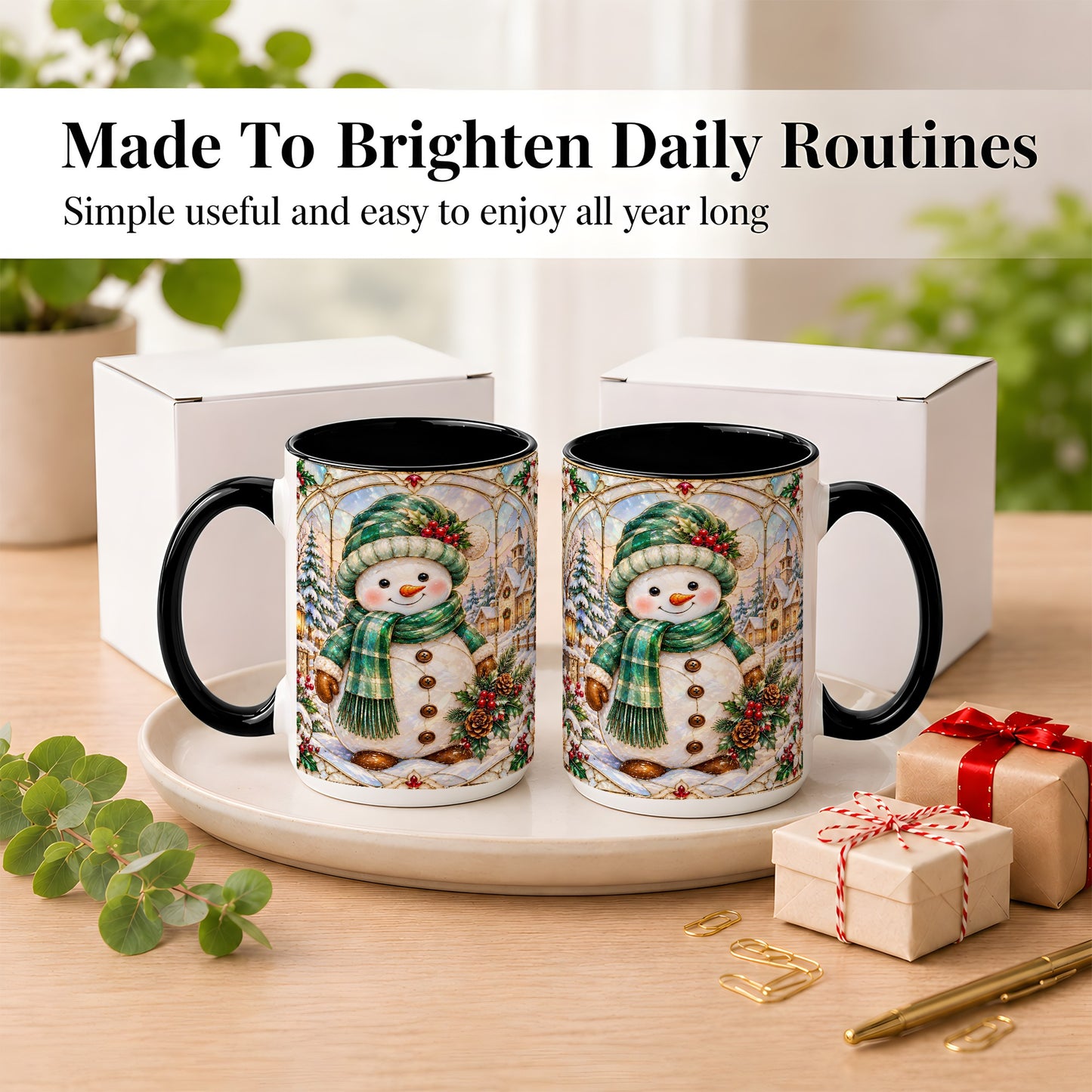 #pl[15oz|Black] Stained Glass Style Snowman Coffee Mug, Christmas Mug, Ceramic Cup