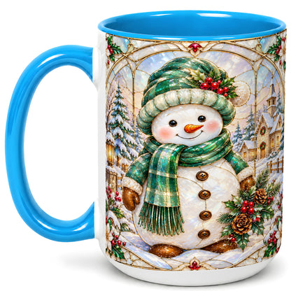 #pl[15oz|Blue] Stained Glass Style Snowman Coffee Mug, Christmas Mug, Ceramic Cup
