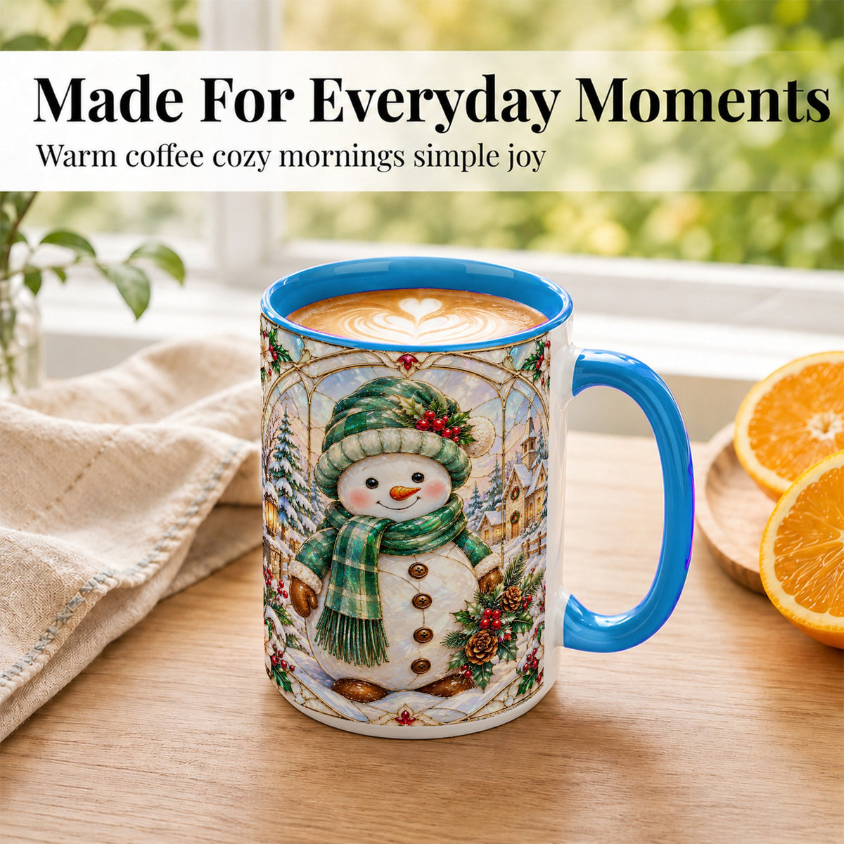 #pl[15oz|Blue] Stained Glass Style Snowman Coffee Mug, Christmas Mug, Ceramic Cup