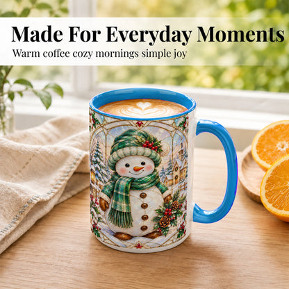 #pl[15oz|Blue] Stained Glass Style Snowman Coffee Mug, Christmas Mug, Ceramic Cup