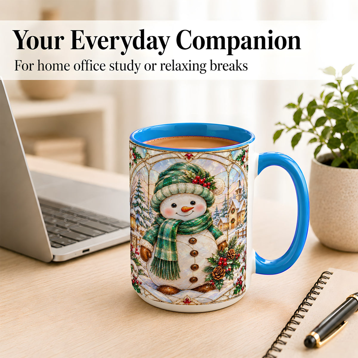 #pl[15oz|Blue] Stained Glass Style Snowman Coffee Mug, Christmas Mug, Ceramic Cup