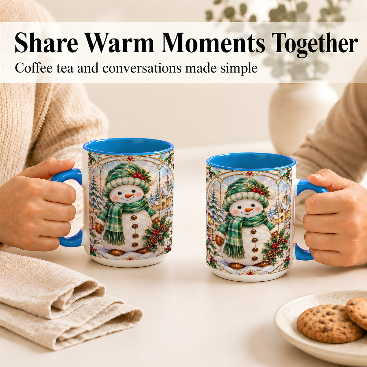 #pl[15oz|Blue] Stained Glass Style Snowman Coffee Mug, Christmas Mug, Ceramic Cup