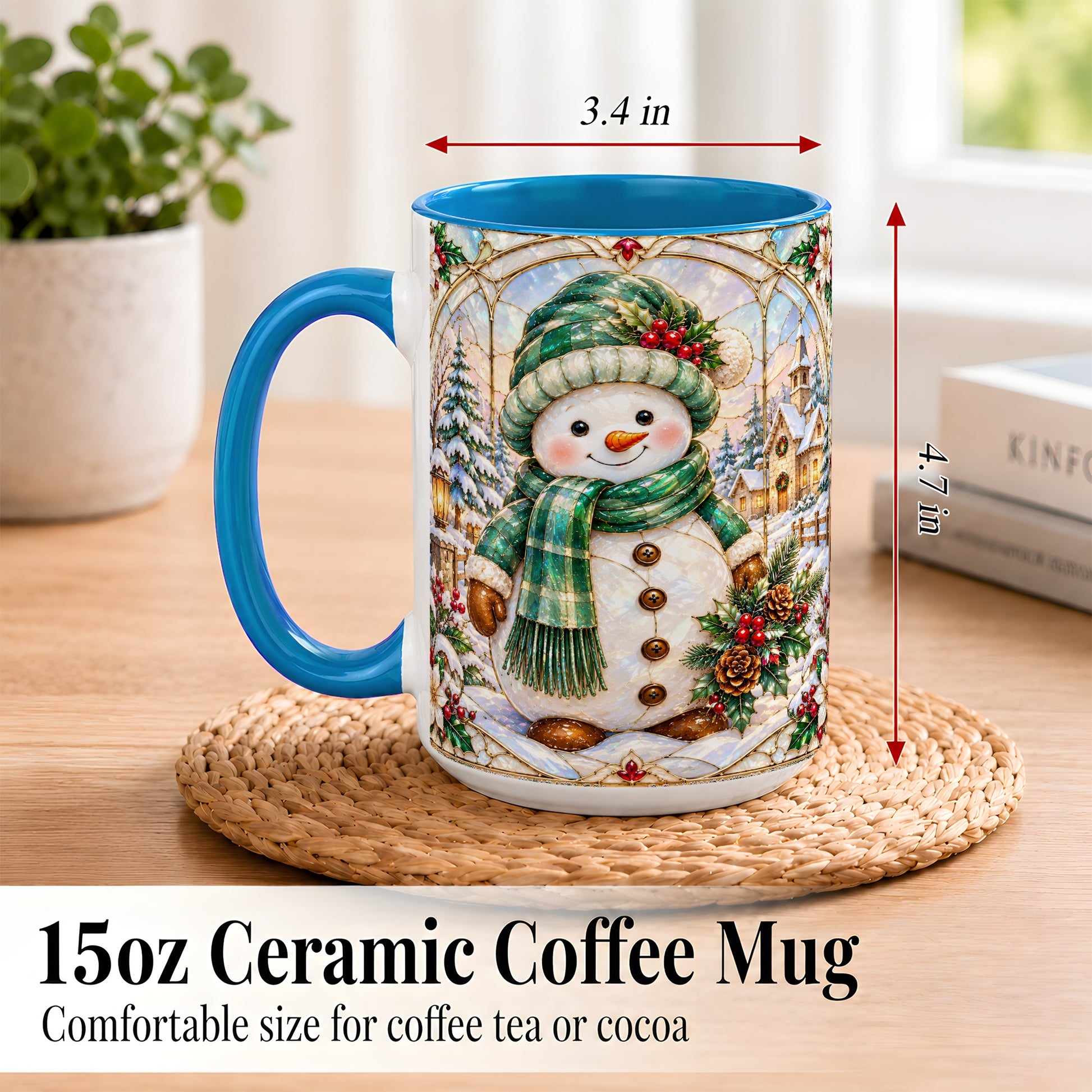 #pl[15oz|Blue] Stained Glass Style Snowman Coffee Mug, Christmas Mug, Ceramic Cup