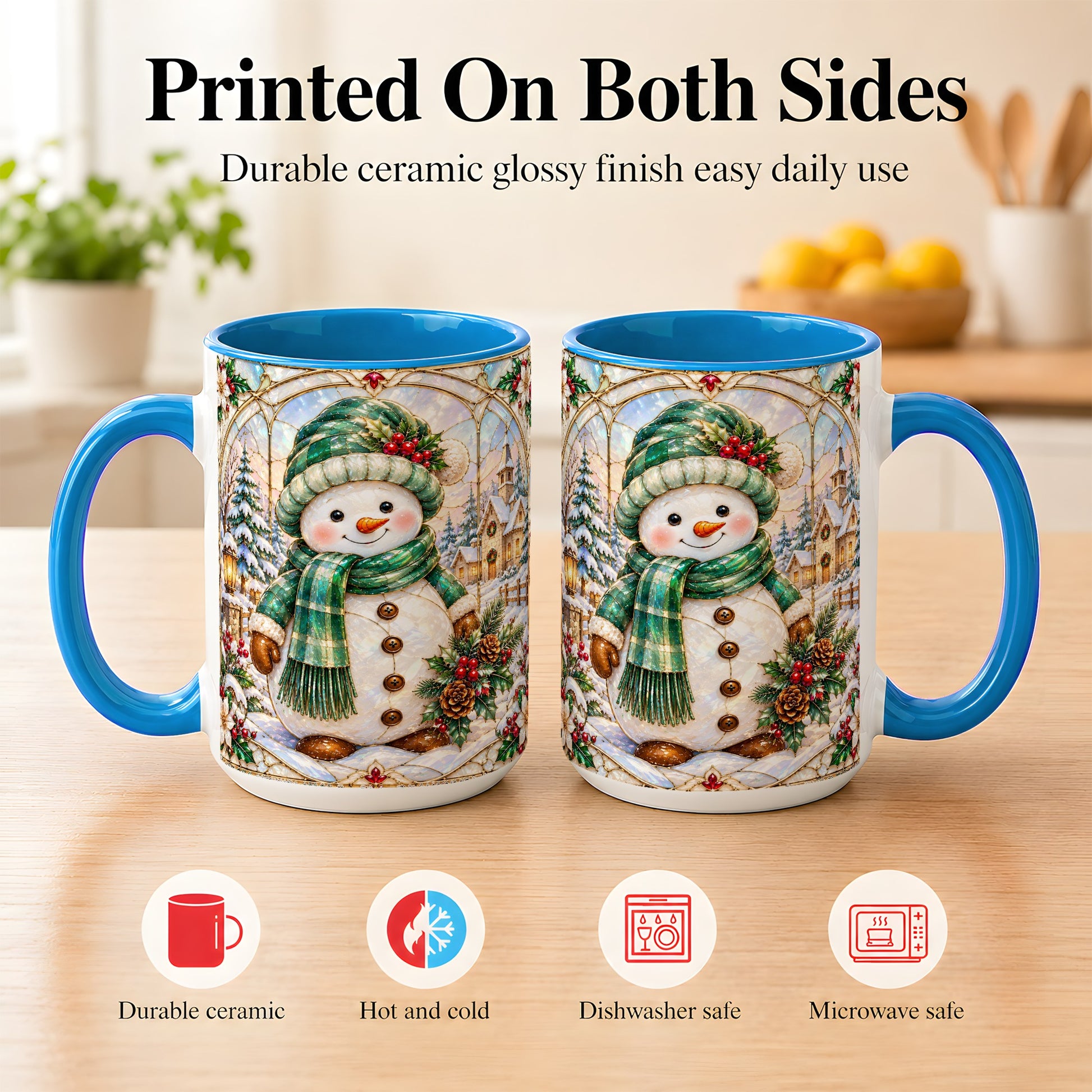 #pl[15oz|Blue] Stained Glass Style Snowman Coffee Mug, Christmas Mug, Ceramic Cup