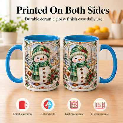 #pl[15oz|Blue] Stained Glass Style Snowman Coffee Mug, Christmas Mug, Ceramic Cup