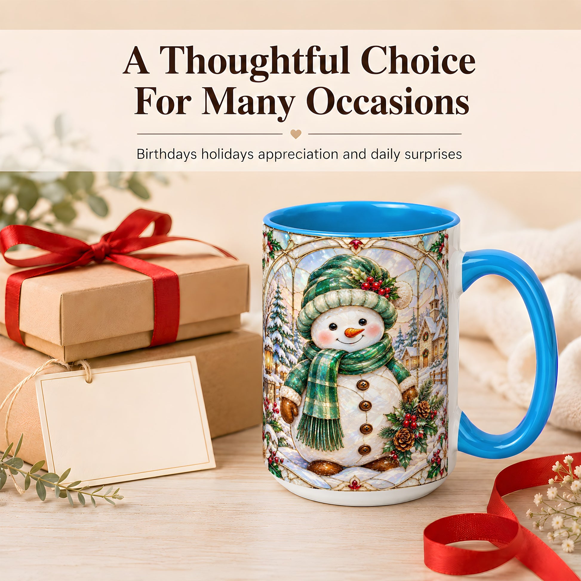 #pl[15oz|Blue] Stained Glass Style Snowman Coffee Mug, Christmas Mug, Ceramic Cup