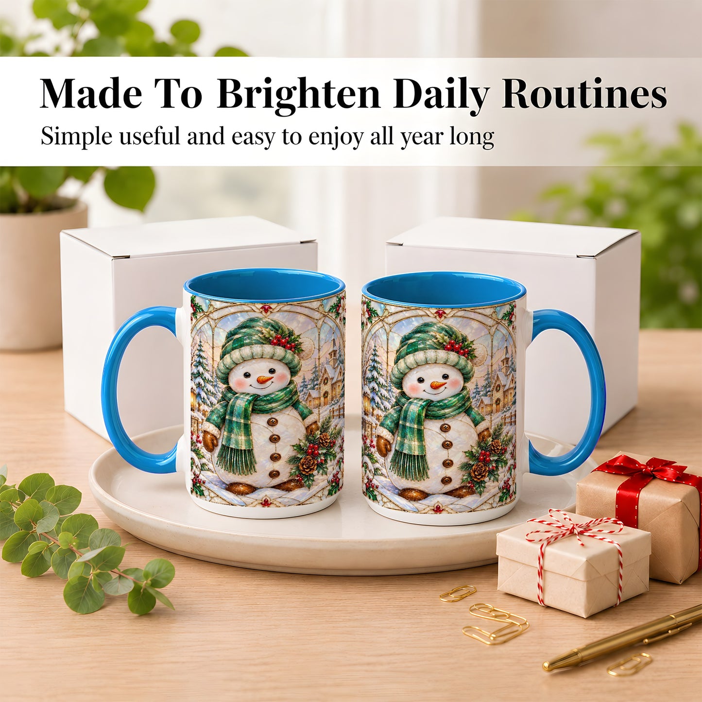 #pl[15oz|Blue] Stained Glass Style Snowman Coffee Mug, Christmas Mug, Ceramic Cup
