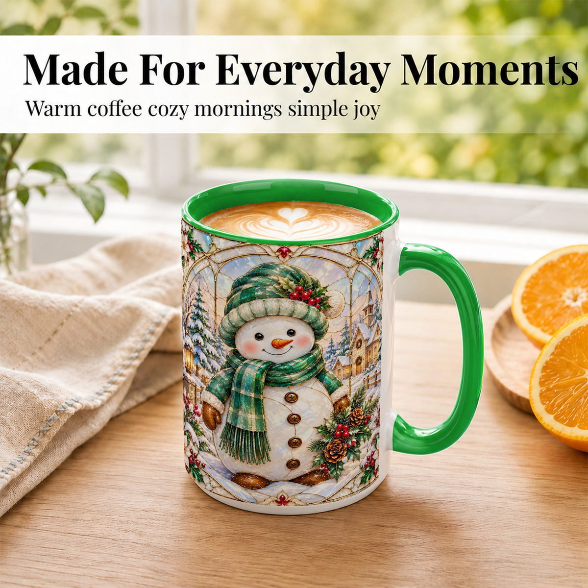 #pl[15oz|Green] Stained Glass Style Snowman Coffee Mug, Christmas Mug, Ceramic Cup