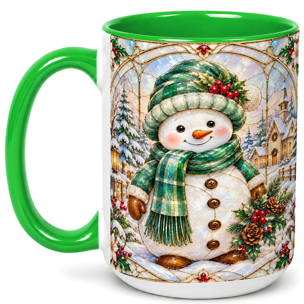 #pl[15oz|Green] Stained Glass Style Snowman Coffee Mug, Christmas Mug, Ceramic Cup