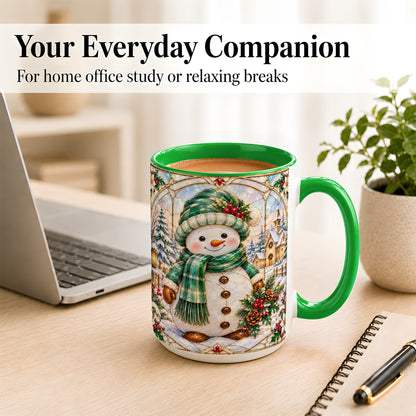 #pl[15oz|Green] Stained Glass Style Snowman Coffee Mug, Christmas Mug, Ceramic Cup