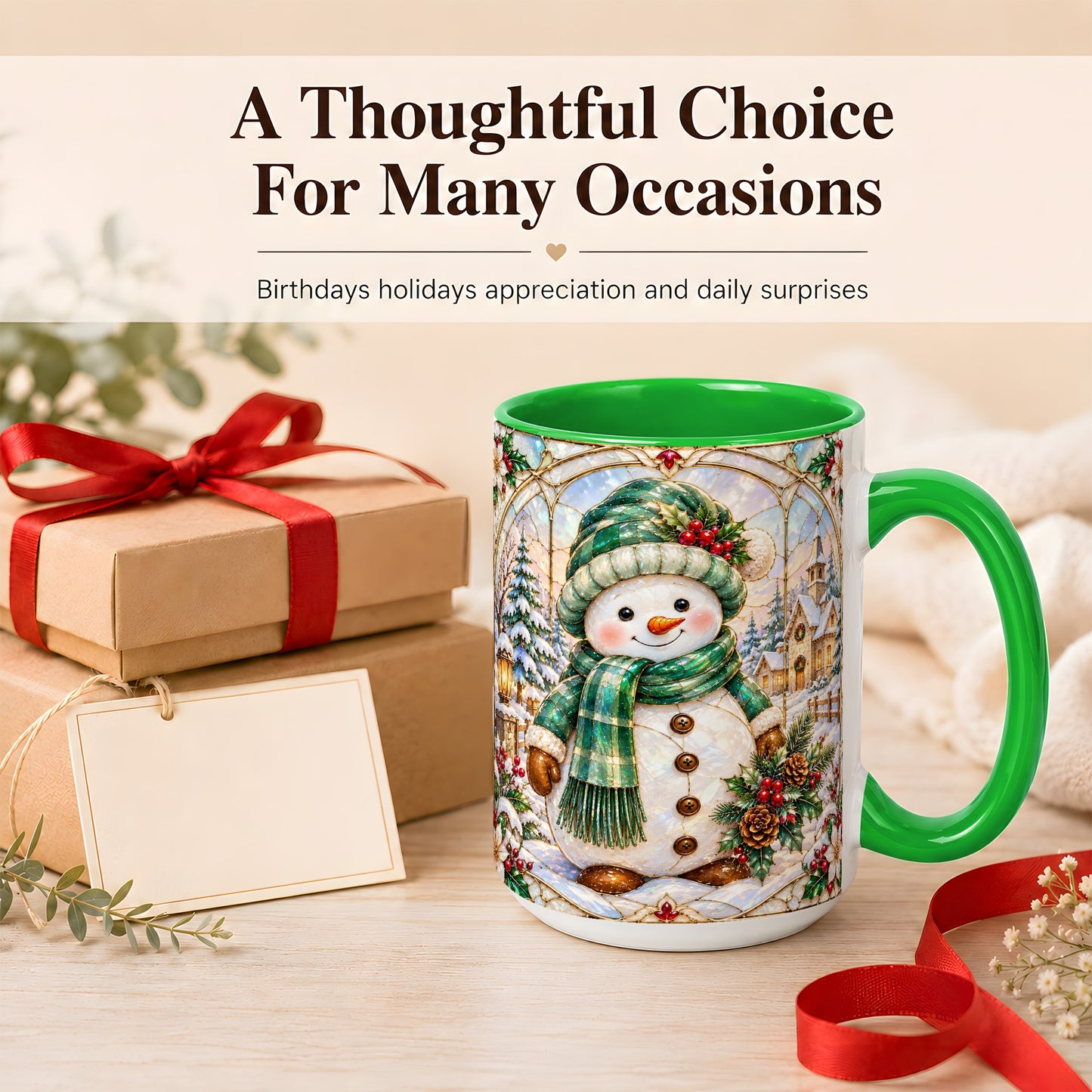#pl[15oz|Green] Stained Glass Style Snowman Coffee Mug, Christmas Mug, Ceramic Cup