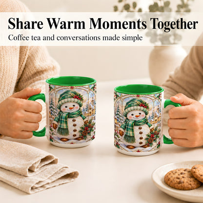 #pl[15oz|Green] Stained Glass Style Snowman Coffee Mug, Christmas Mug, Ceramic Cup